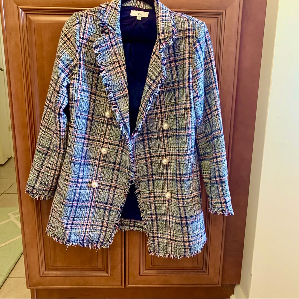 Ovi oversized tweed plaid blazer pearl buttons